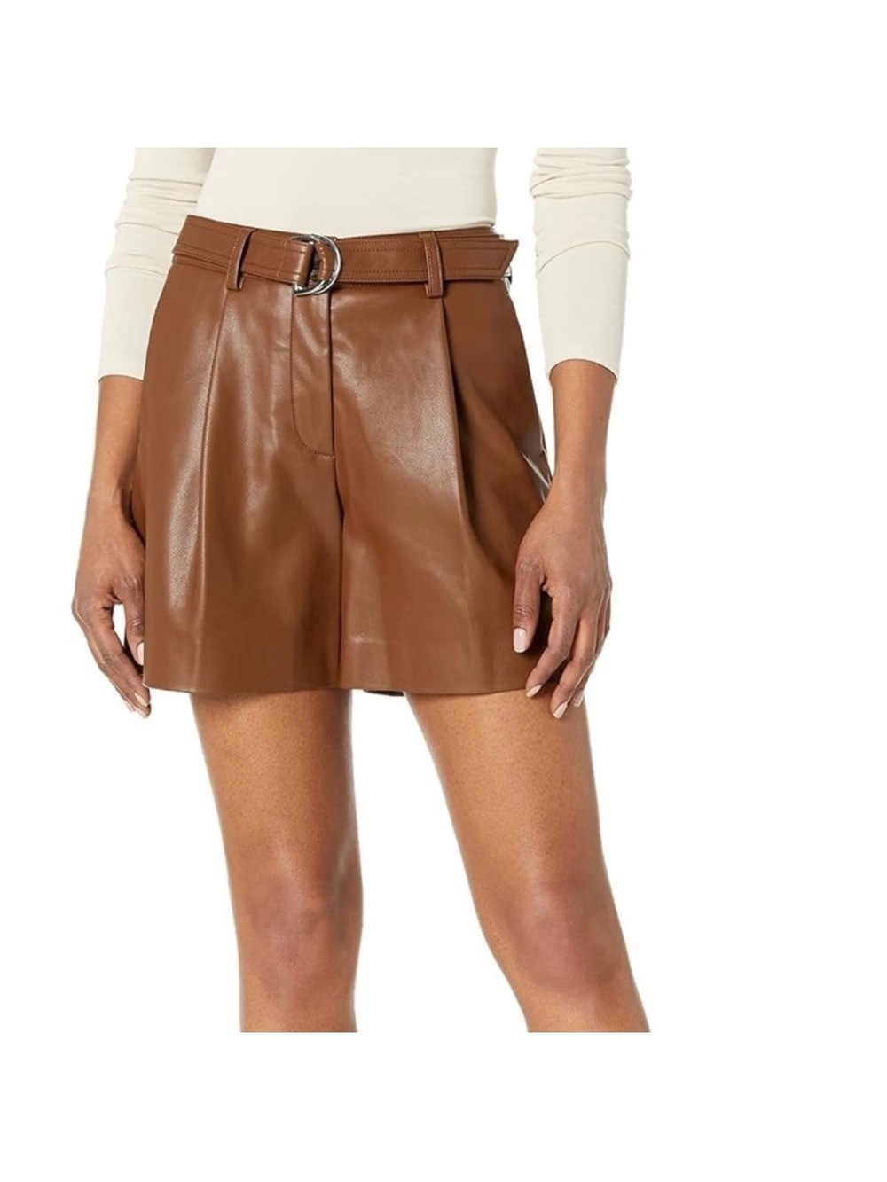 High-Waist Vegan Leather Brown Pleated Shorts with Belt